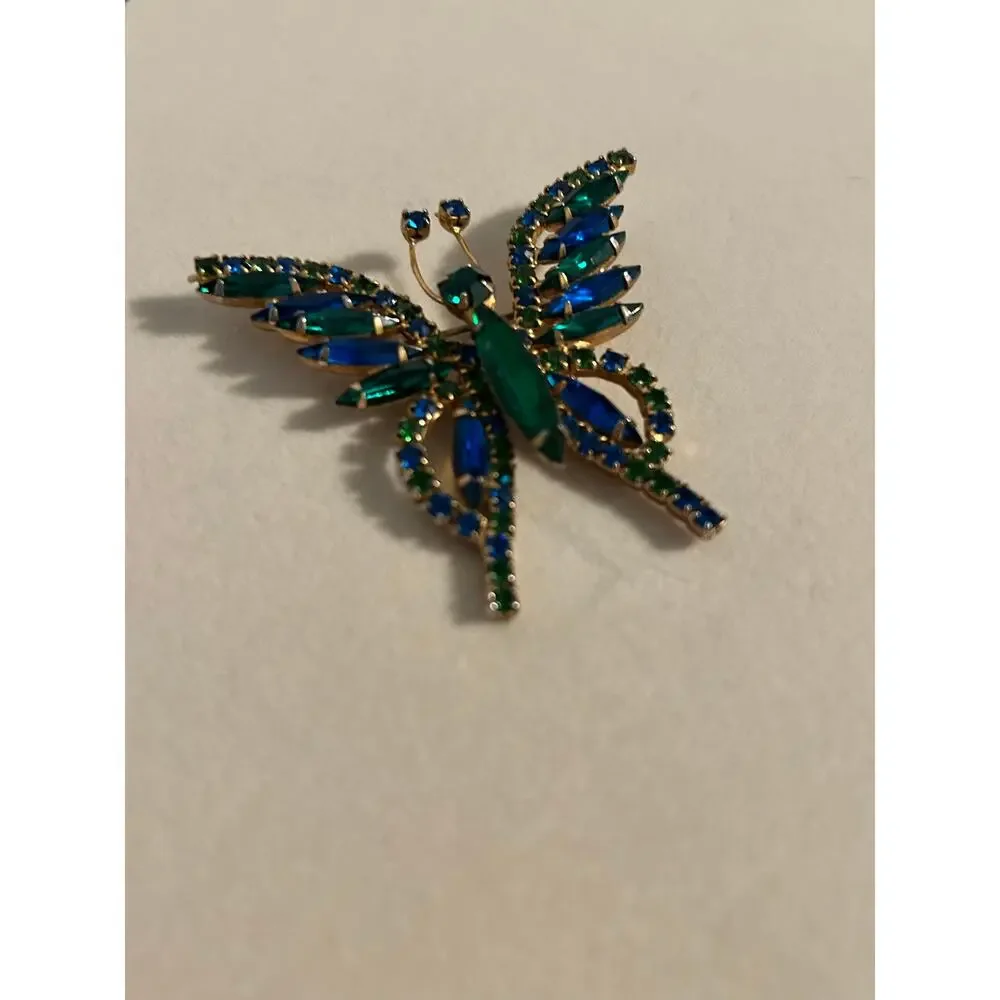 Vintage Gold Tone Blue Green Rhinestone Butterfly Brooch Pin 2.5